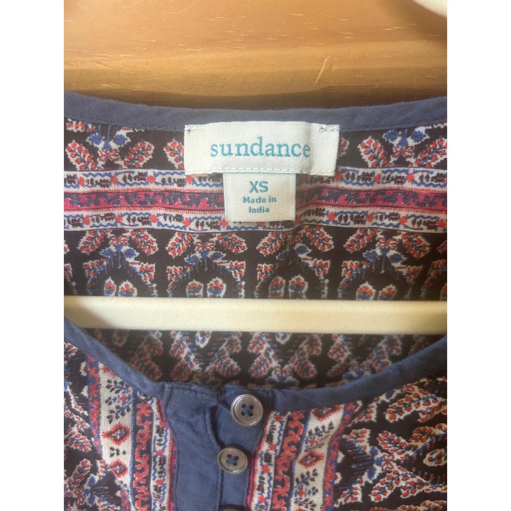 Sundance Patchwork Paisley Cotton Henley Top Blue Orange Boho Cap Sleeve - Picture 2 of 7